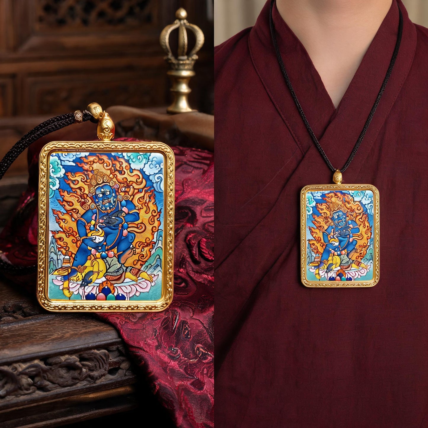Black Jambhala hand-painted Thangka pendant proportional wearing view