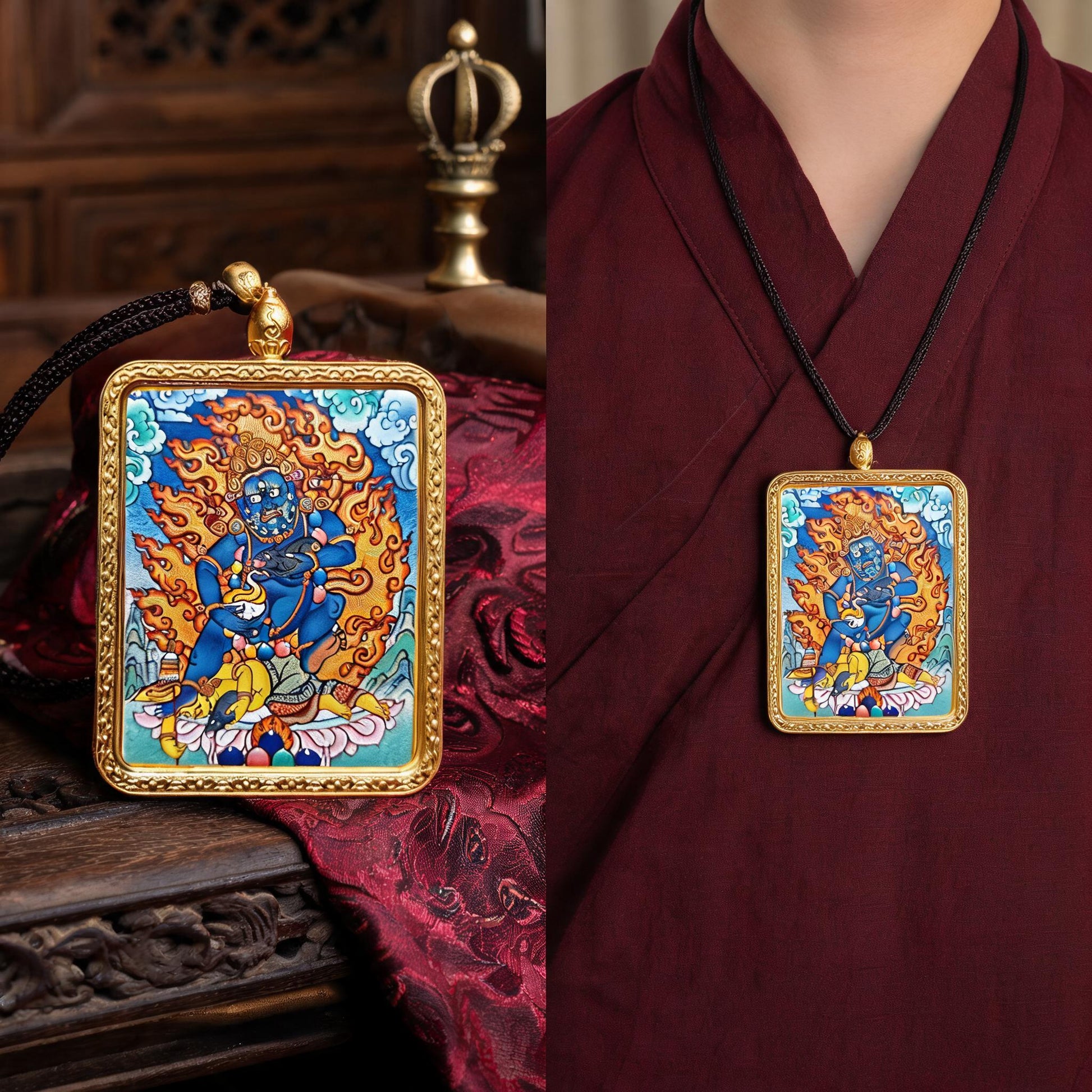 Black Jambhala hand-painted Thangka pendant proportional wearing view