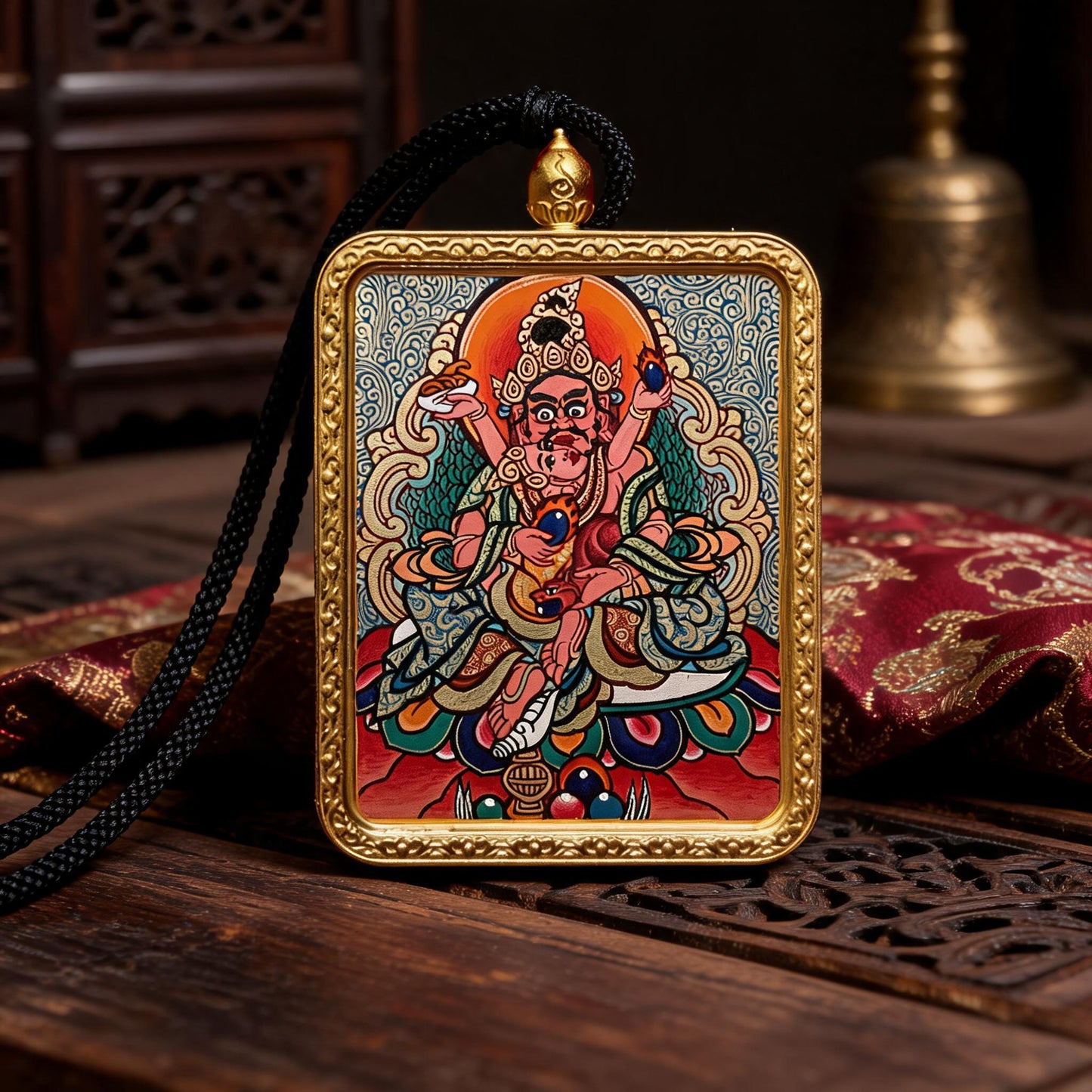 Red Jambhala hand-painted Thangka pendant front hero view