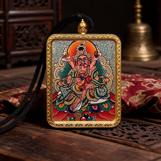 Red Jambhala hand-painted Thangka pendant front hero view