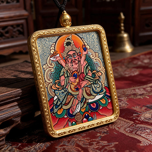 Red Jambhala hand-painted Thangka pendant three-quarter side view