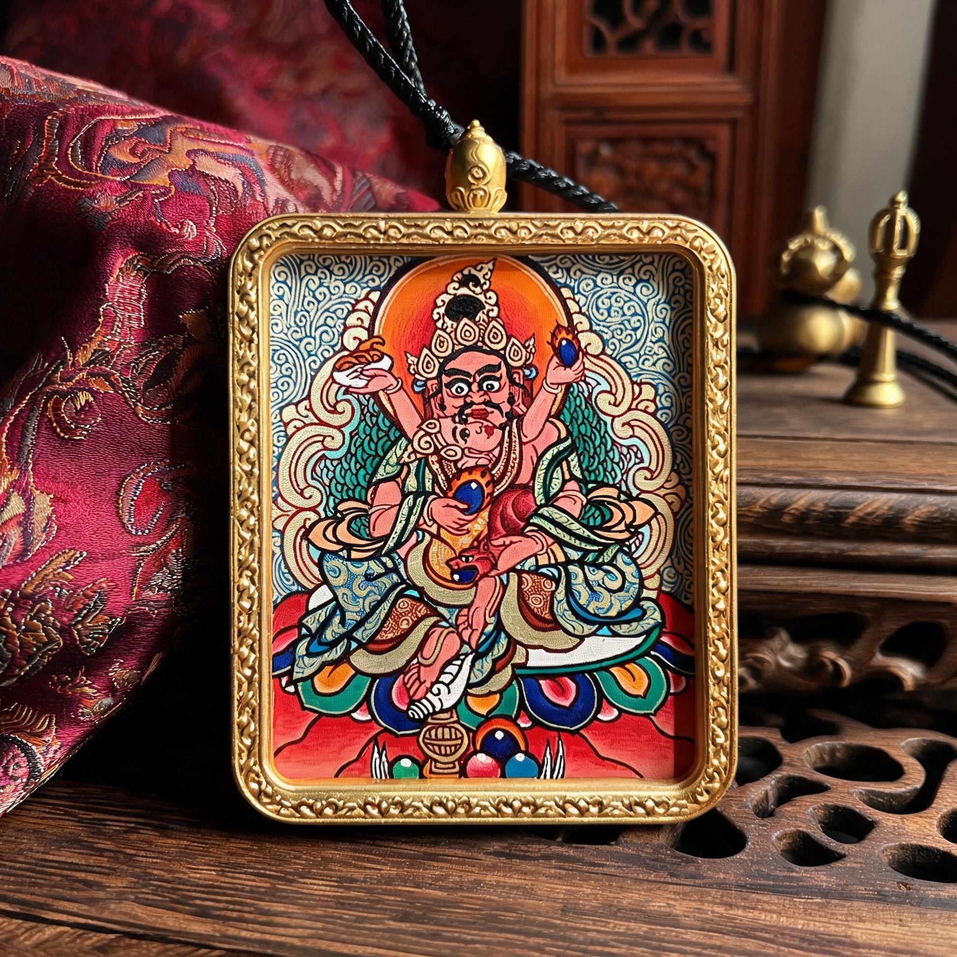 Red Jambhala hand-painted Thangka pendant hand-painted macro detail