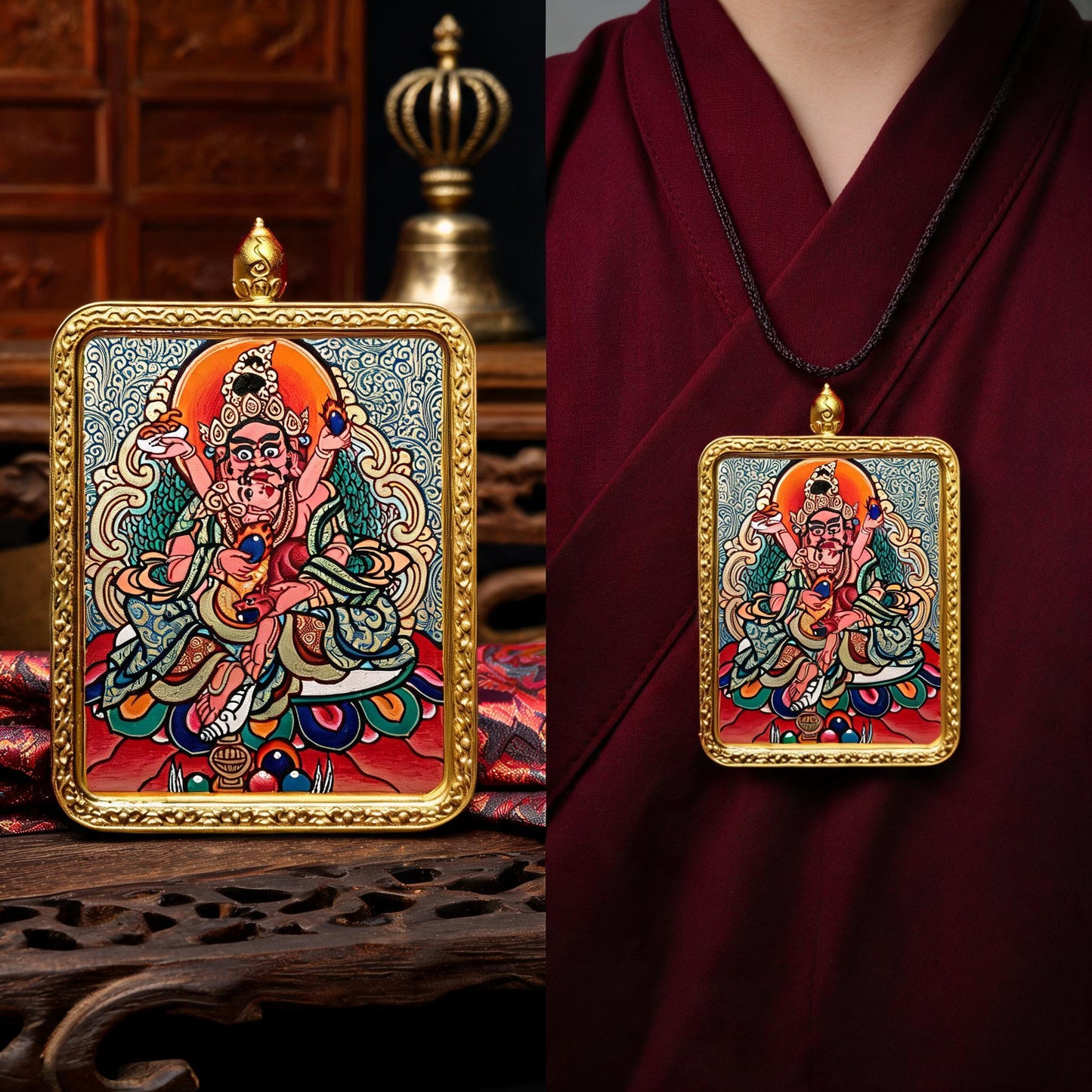 Red Jambhala hand-painted Thangka pendant proportional wearing view