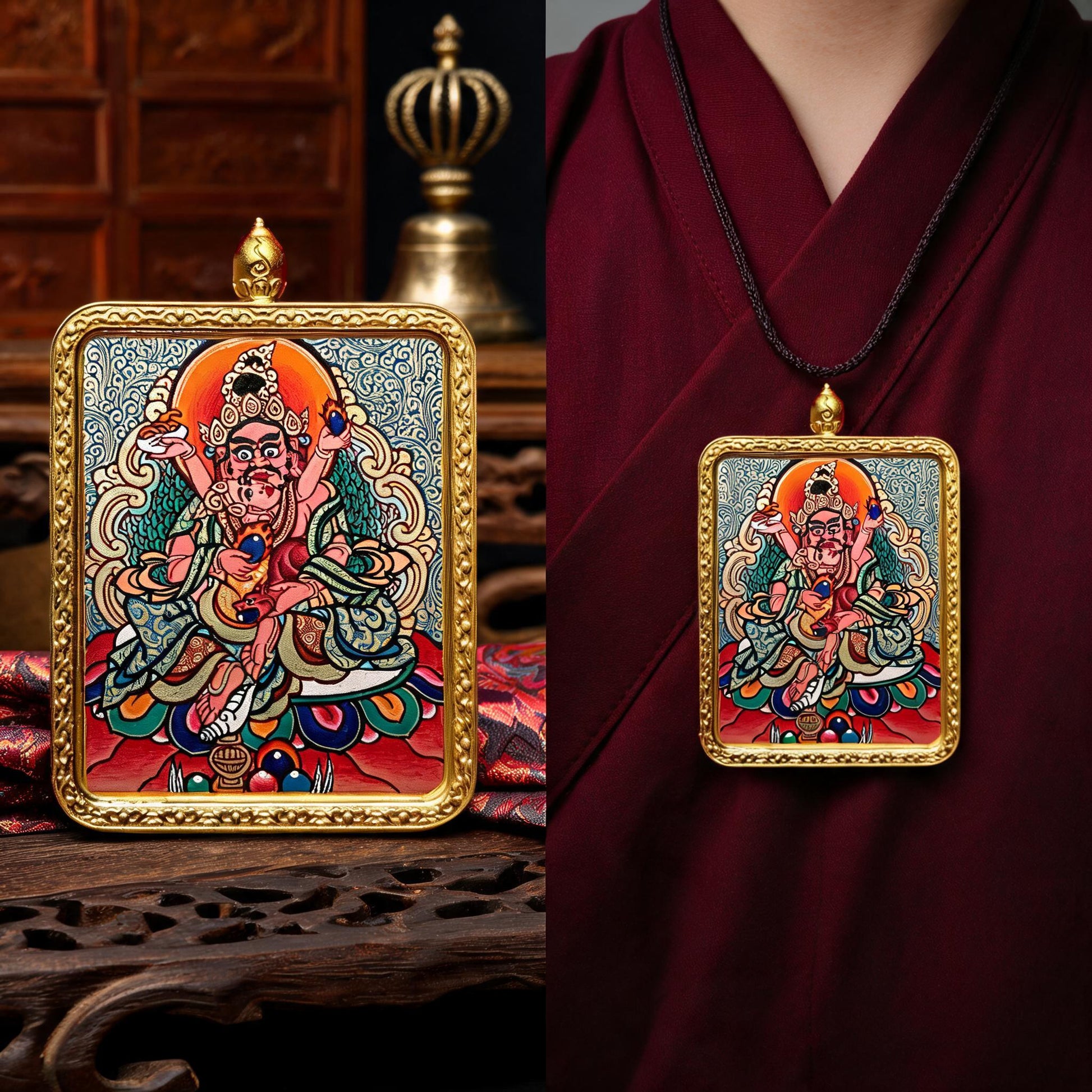 Red Jambhala hand-painted Thangka pendant proportional wearing view