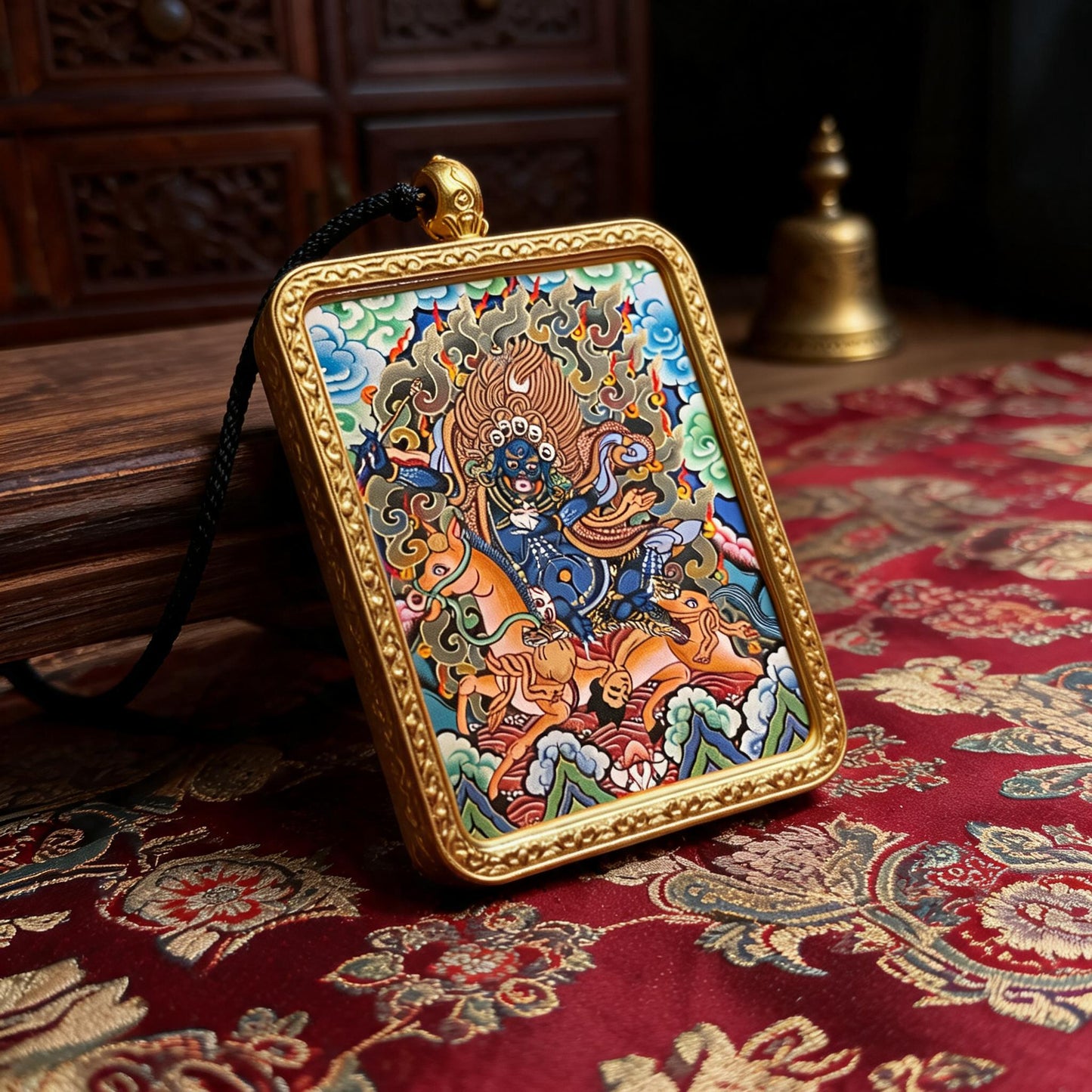 Palden Lhamo hand-painted Thangka pendant three-quarter side view