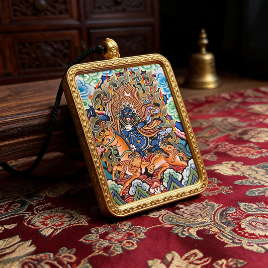 Palden Lhamo hand-painted Thangka pendant three-quarter side view