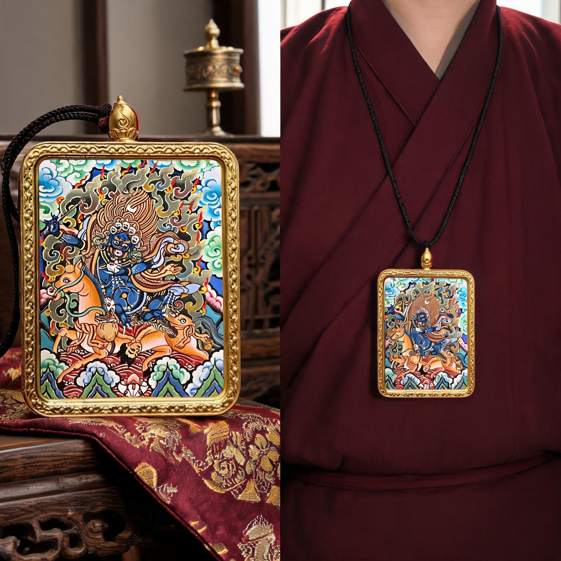 Palden Lhamo hand-painted Thangka pendant proportional wearing view