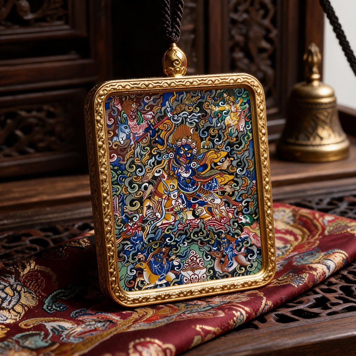 Palden Lhamo hand-painted Thangka pendant three-quarter side view