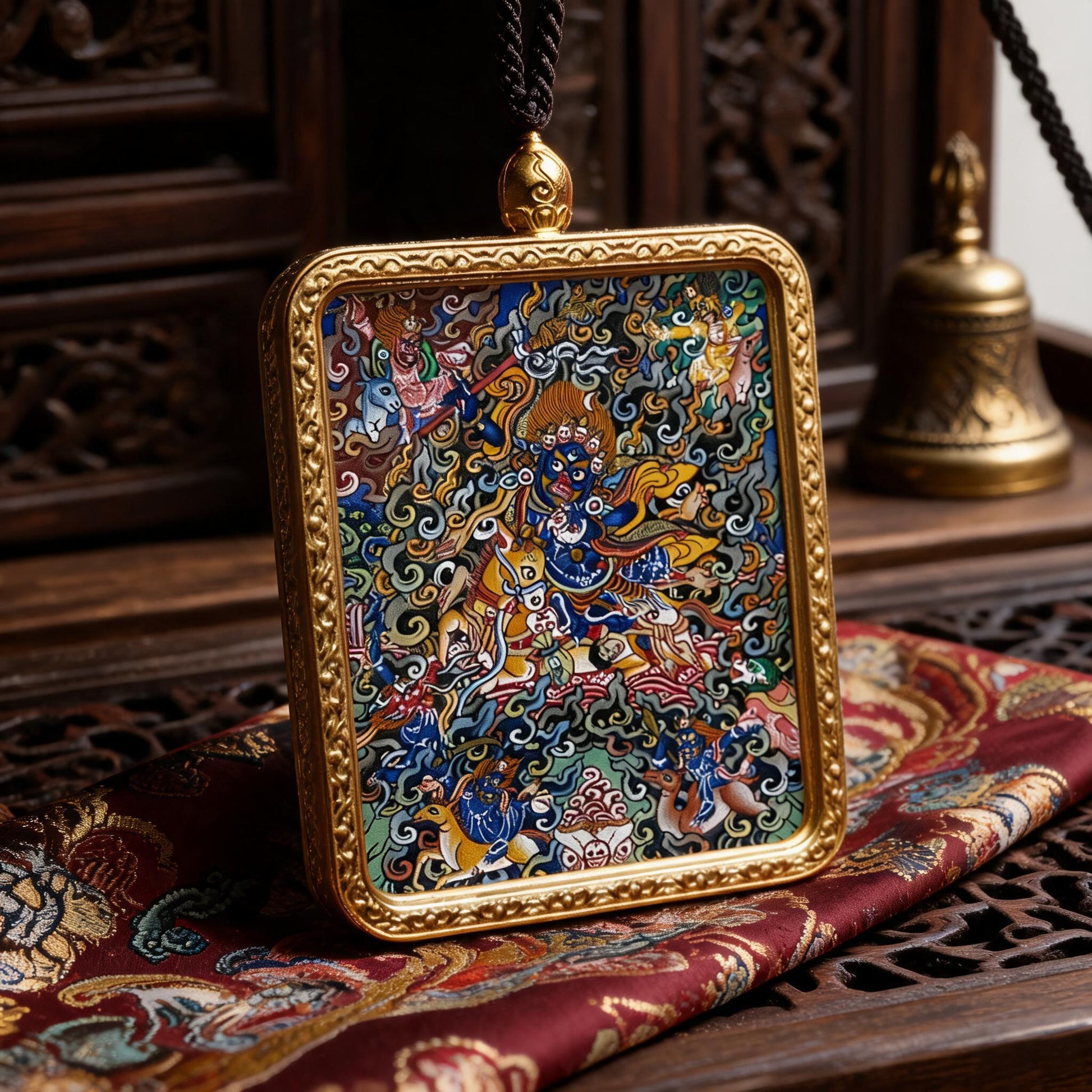 Palden Lhamo hand-painted Thangka pendant three-quarter side view