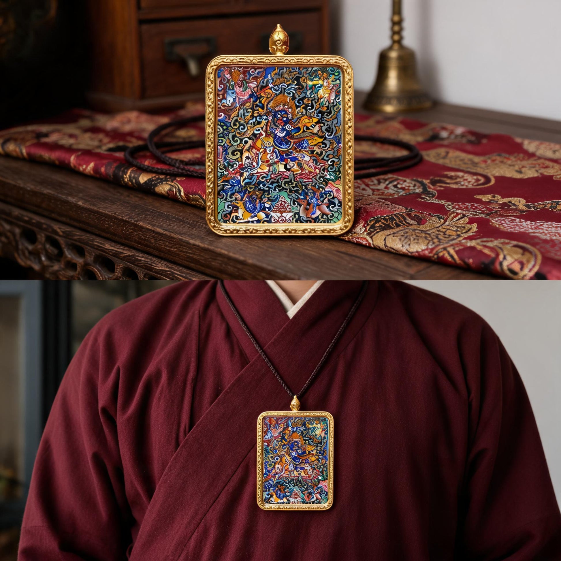 Palden Lhamo hand-painted Thangka pendant proportional wearing view