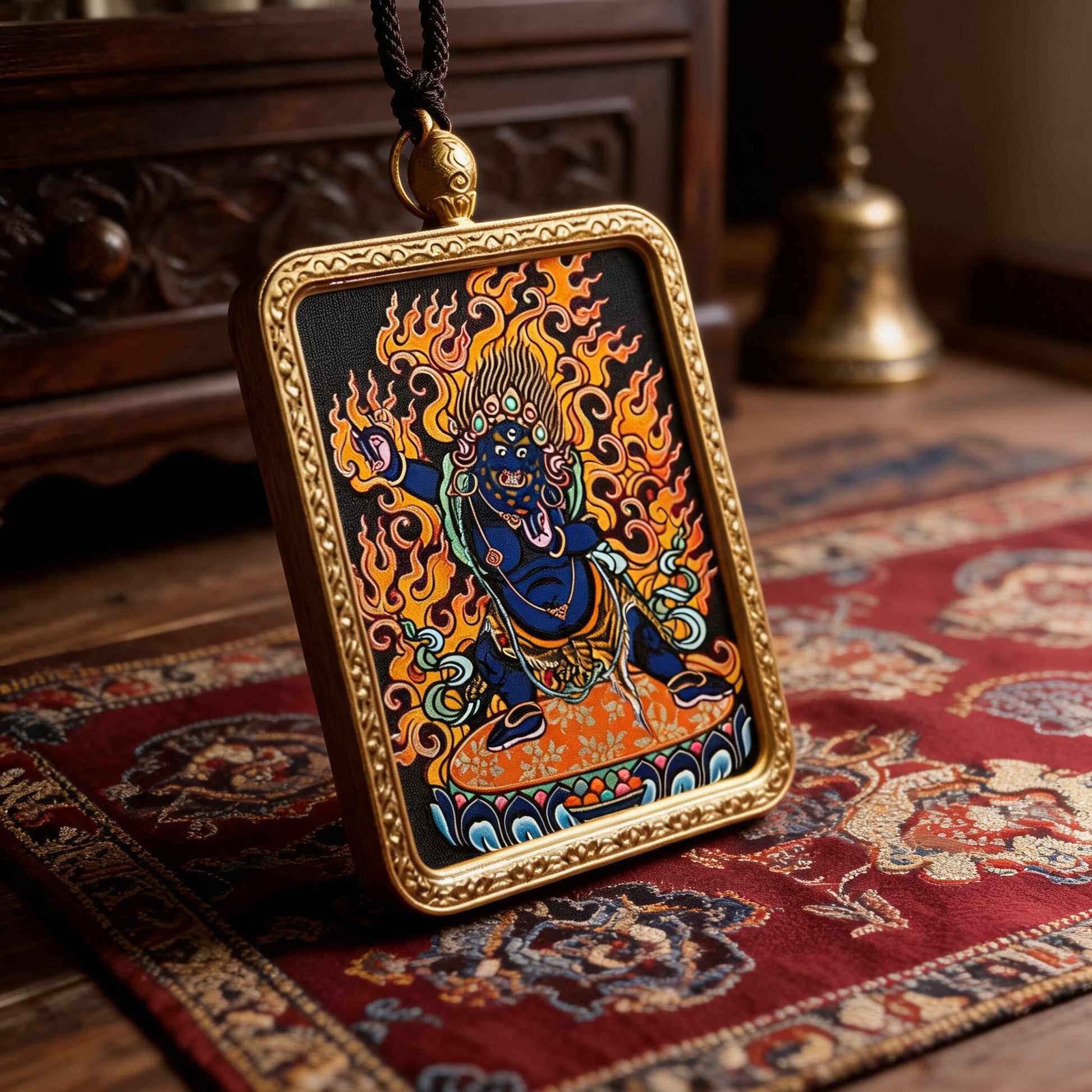 Vajrapani hand-painted Thangka pendant three-quarter side view