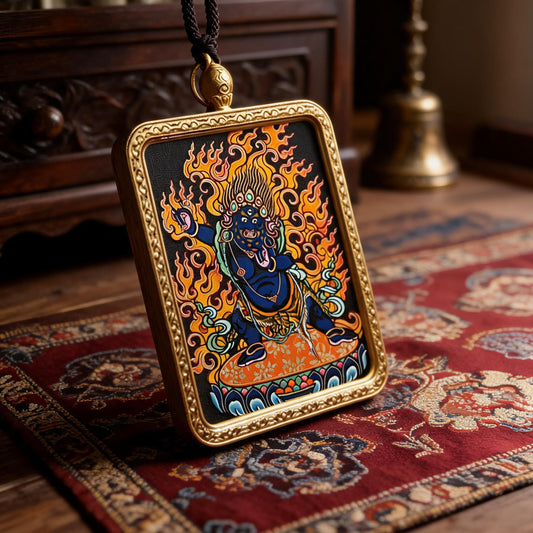 Vajrapani hand-painted Thangka pendant three-quarter side view