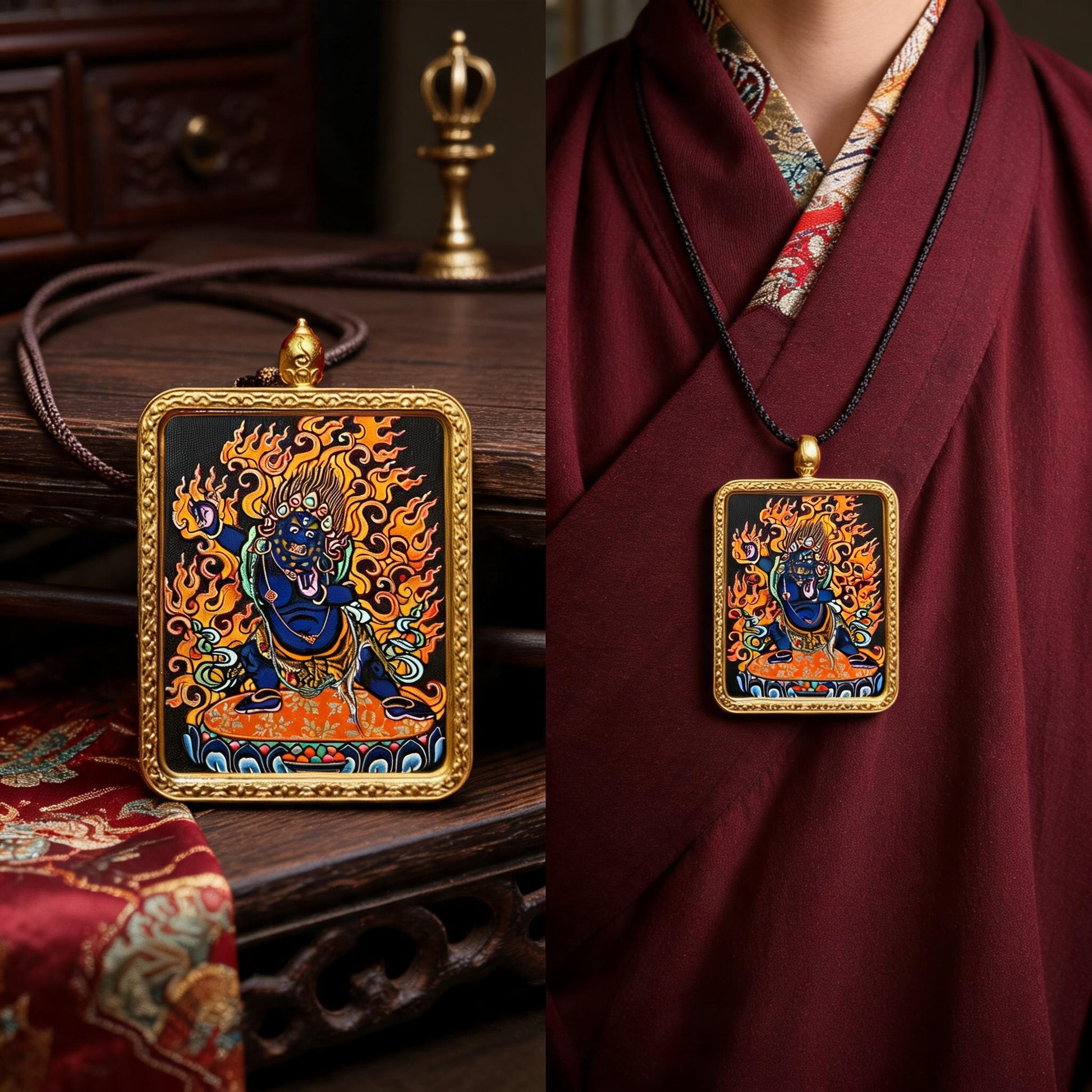 Vajrapani hand-painted Thangka pendant proportional wearing view