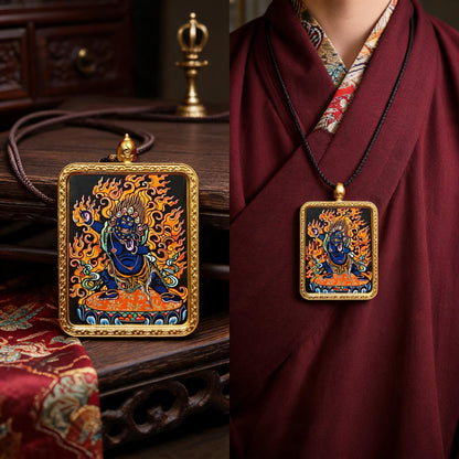 Vajrapani hand-painted Thangka pendant proportional wearing view