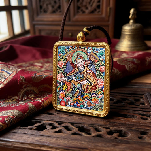 Padmasambhava hand-painted Thangka pendant three-quarter side view