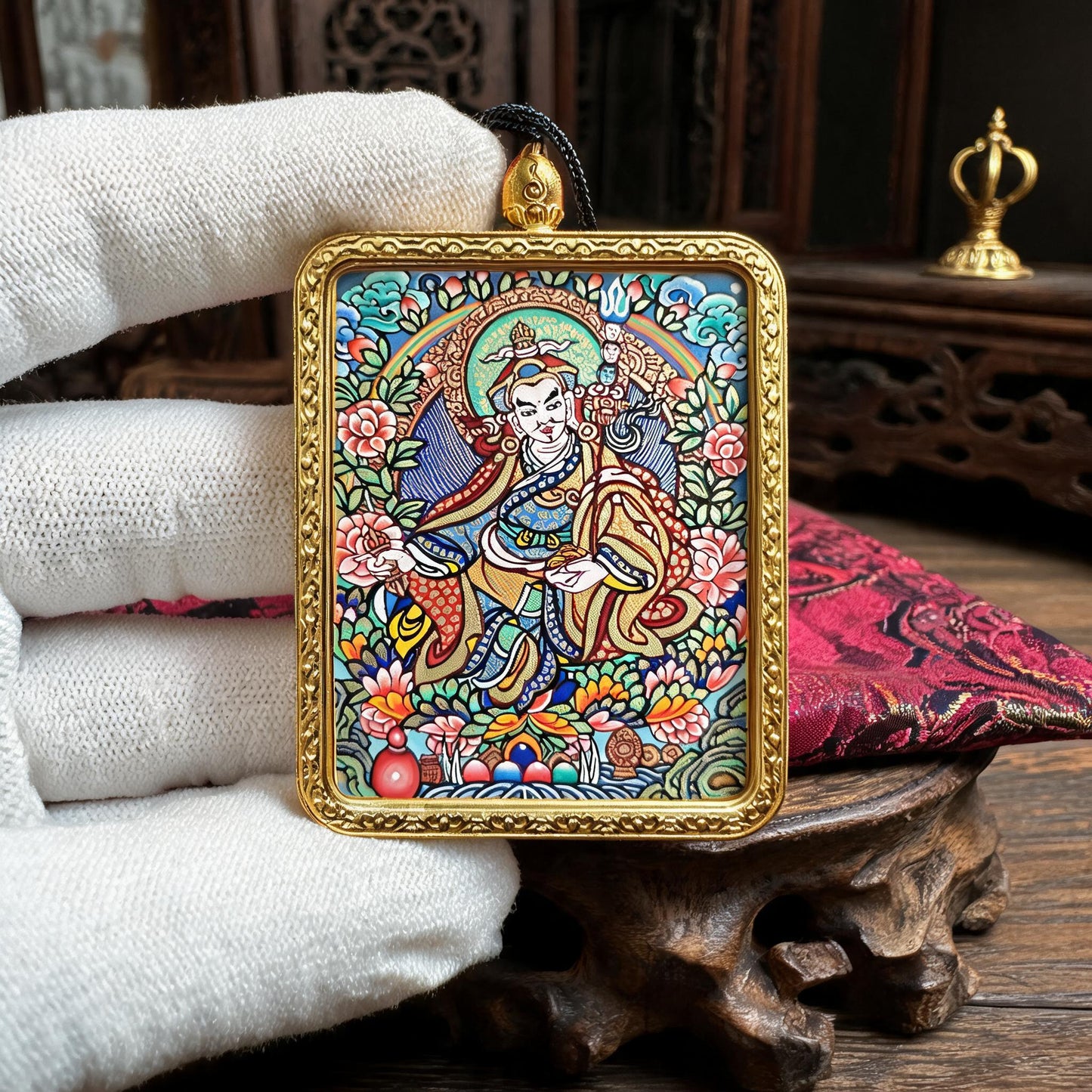 Padmasambhava hand-painted Thangka pendant white-glove collector inspection