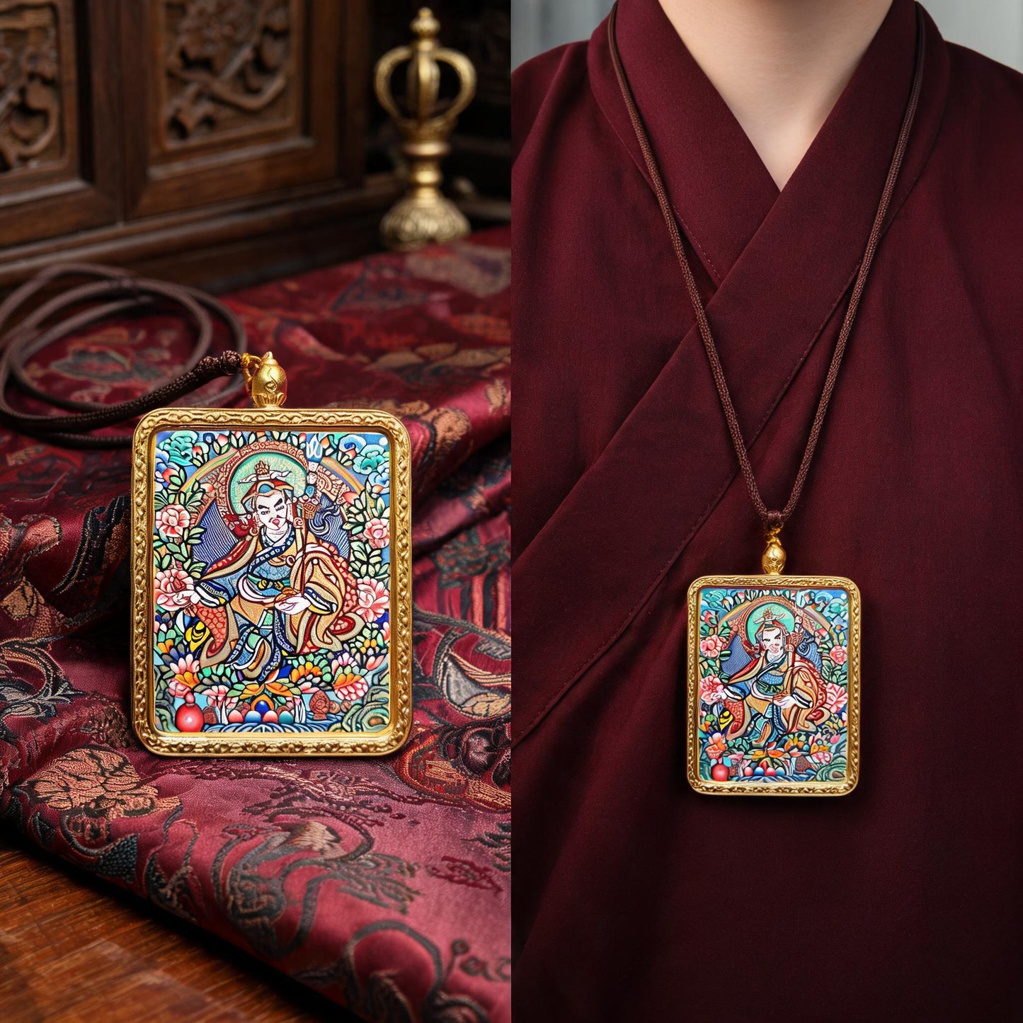 Padmasambhava hand-painted Thangka pendant proportional wearing view
