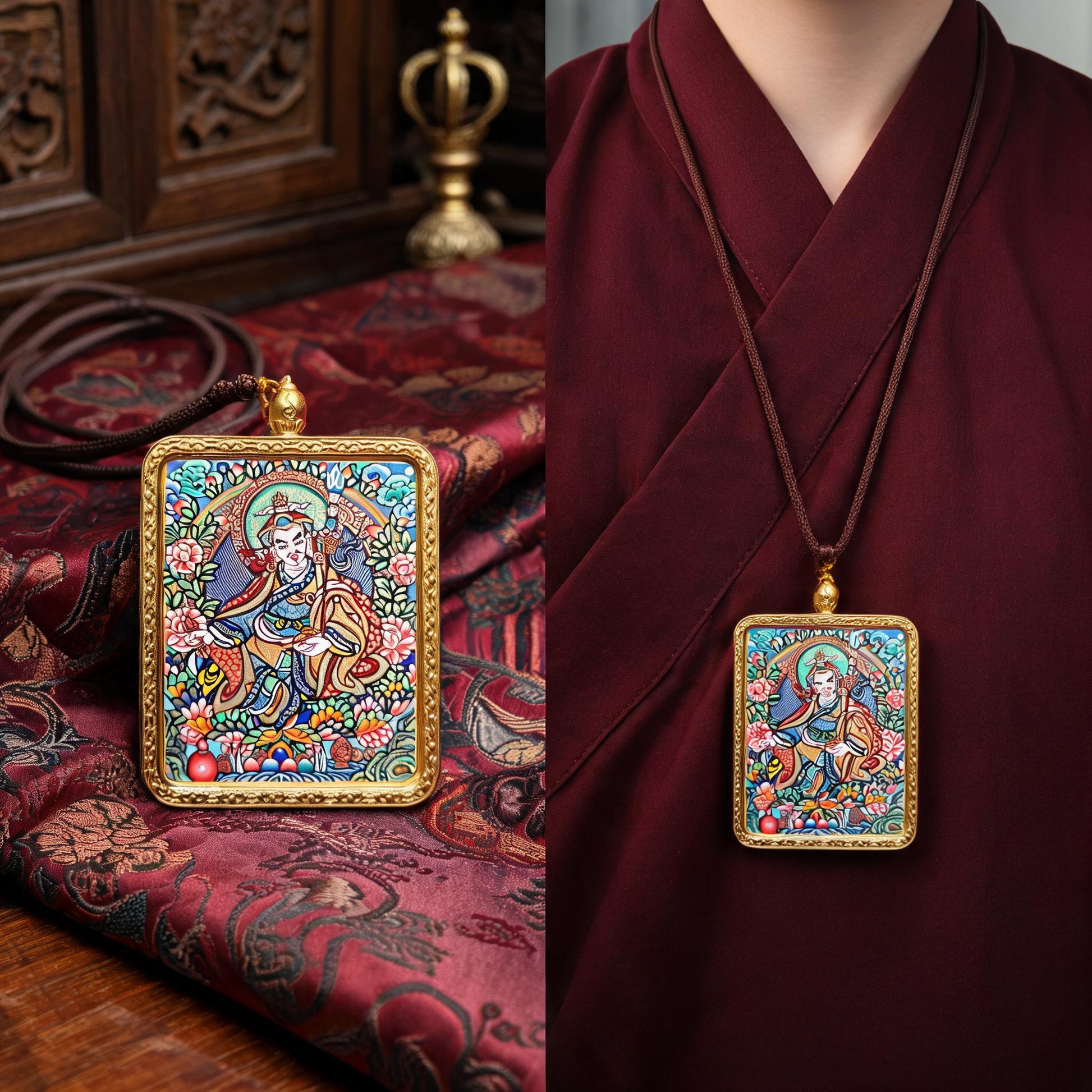 Padmasambhava hand-painted Thangka pendant proportional wearing view