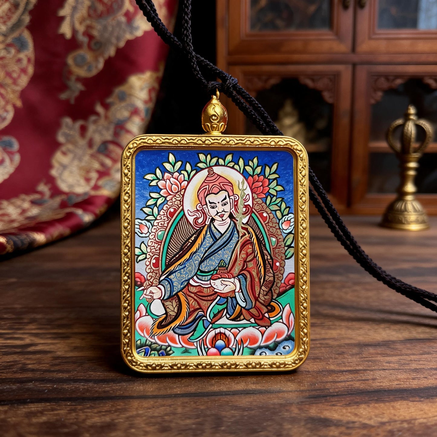 Padmasambhava hand-painted Thangka pendant three-quarter side view
