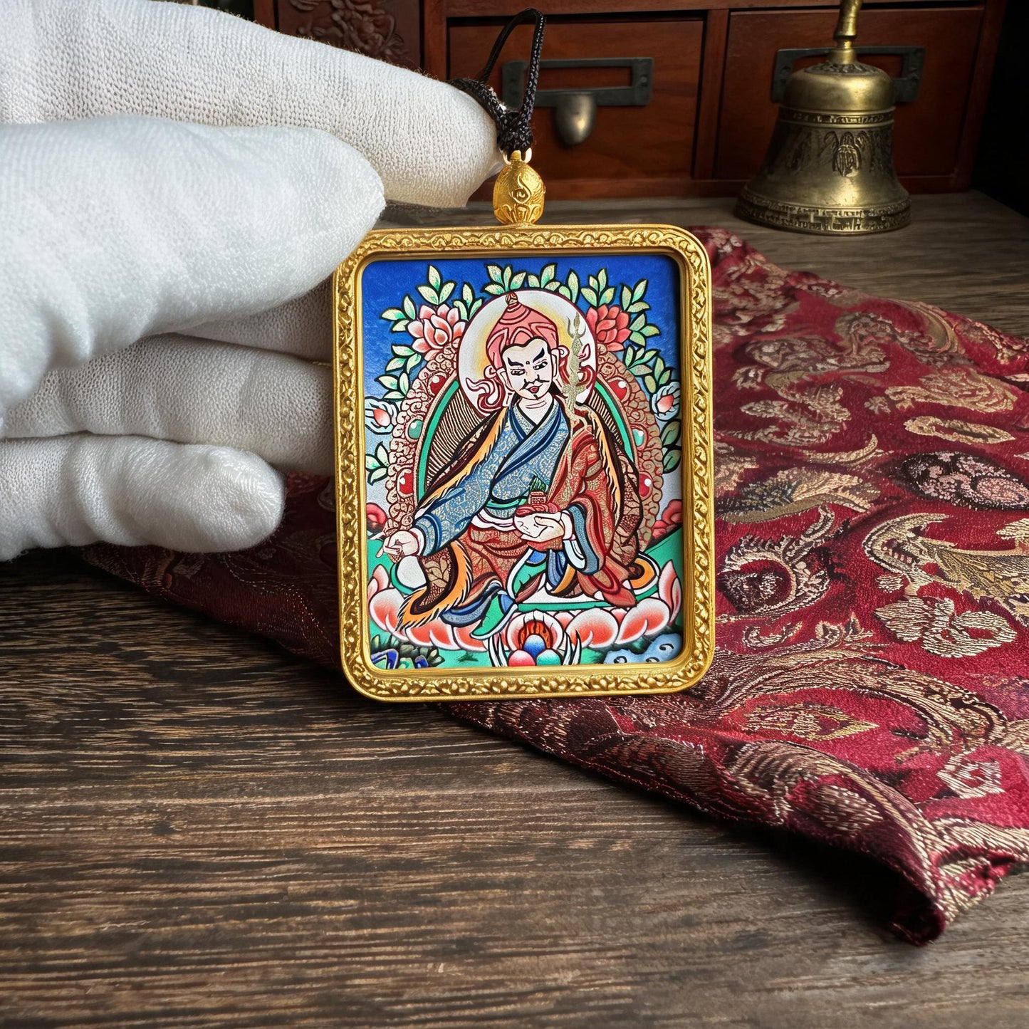 Padmasambhava hand-painted Thangka pendant white-glove collector inspection