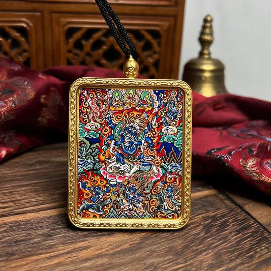 Six-Armed Mahakala hand-painted Thangka pendant front hero view