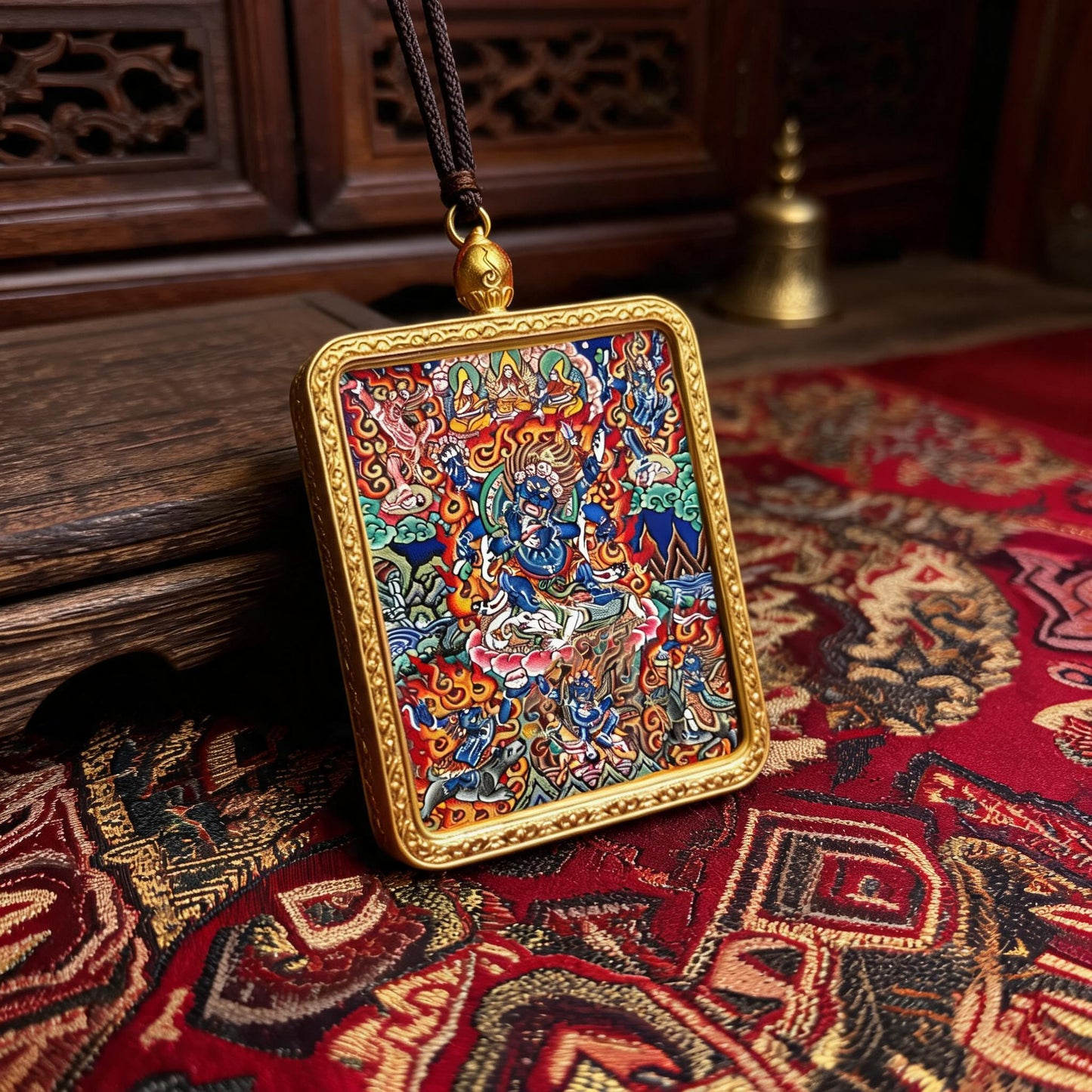 Six-Armed Mahakala hand-painted Thangka pendant three-quarter side view