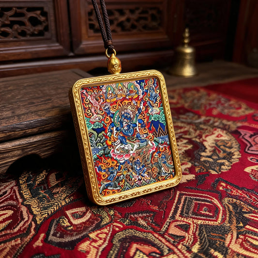 Six-Armed Mahakala hand-painted Thangka pendant three-quarter side view