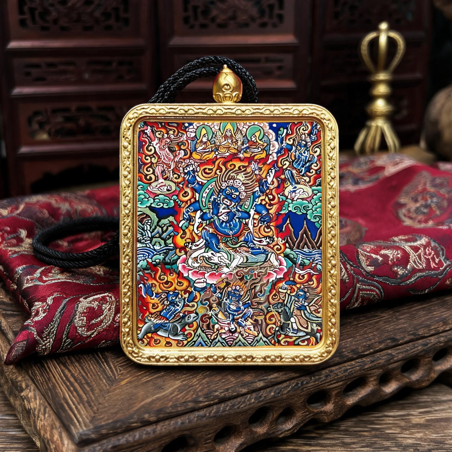 Six-Armed Mahakala hand-painted Thangka pendant hand-painted macro detail