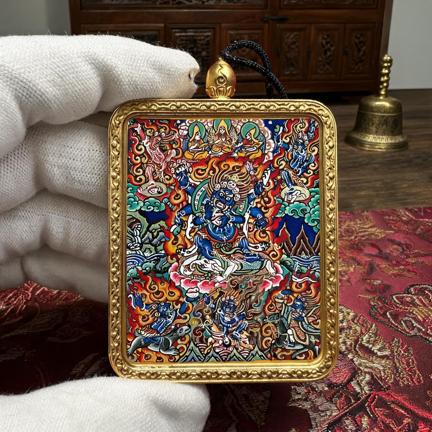 Six-Armed Mahakala hand-painted Thangka pendant white-glove collector inspection
