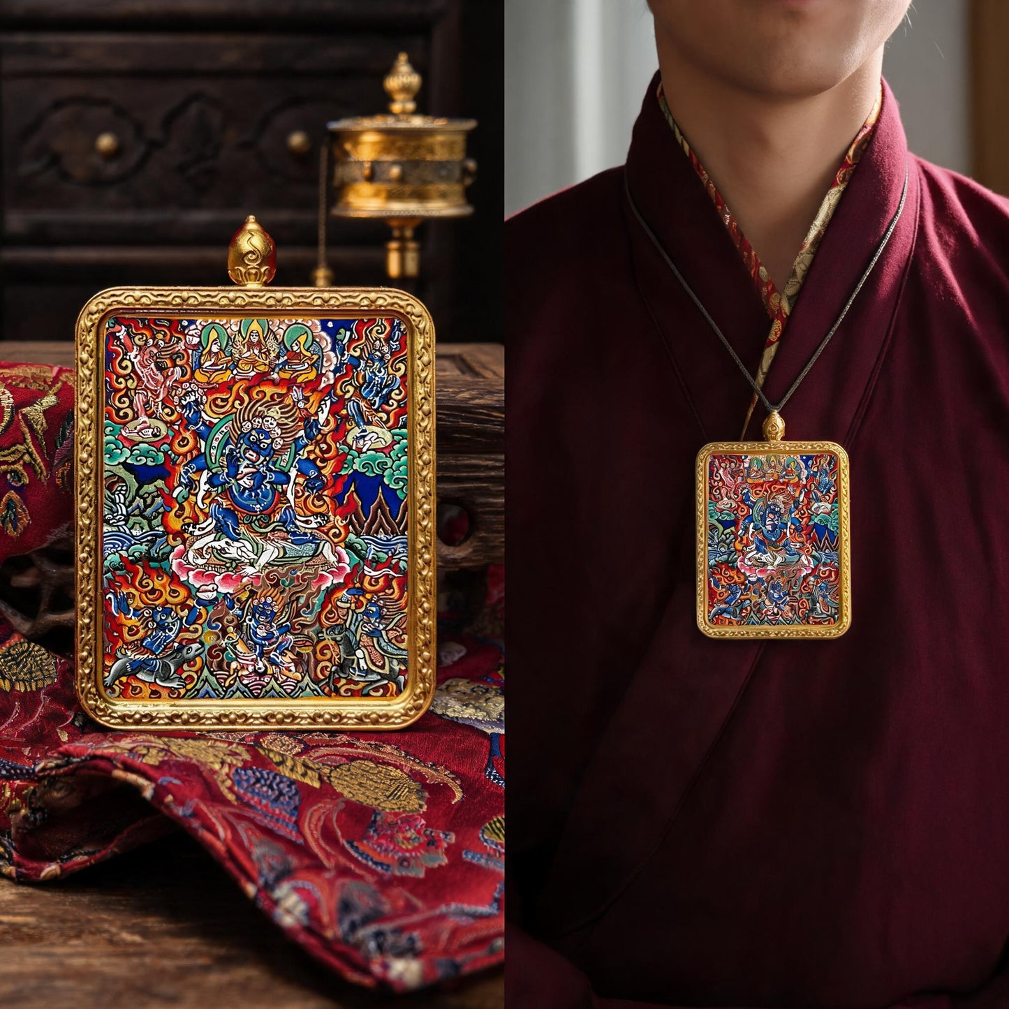 Six-Armed Mahakala hand-painted Thangka pendant proportional wearing view