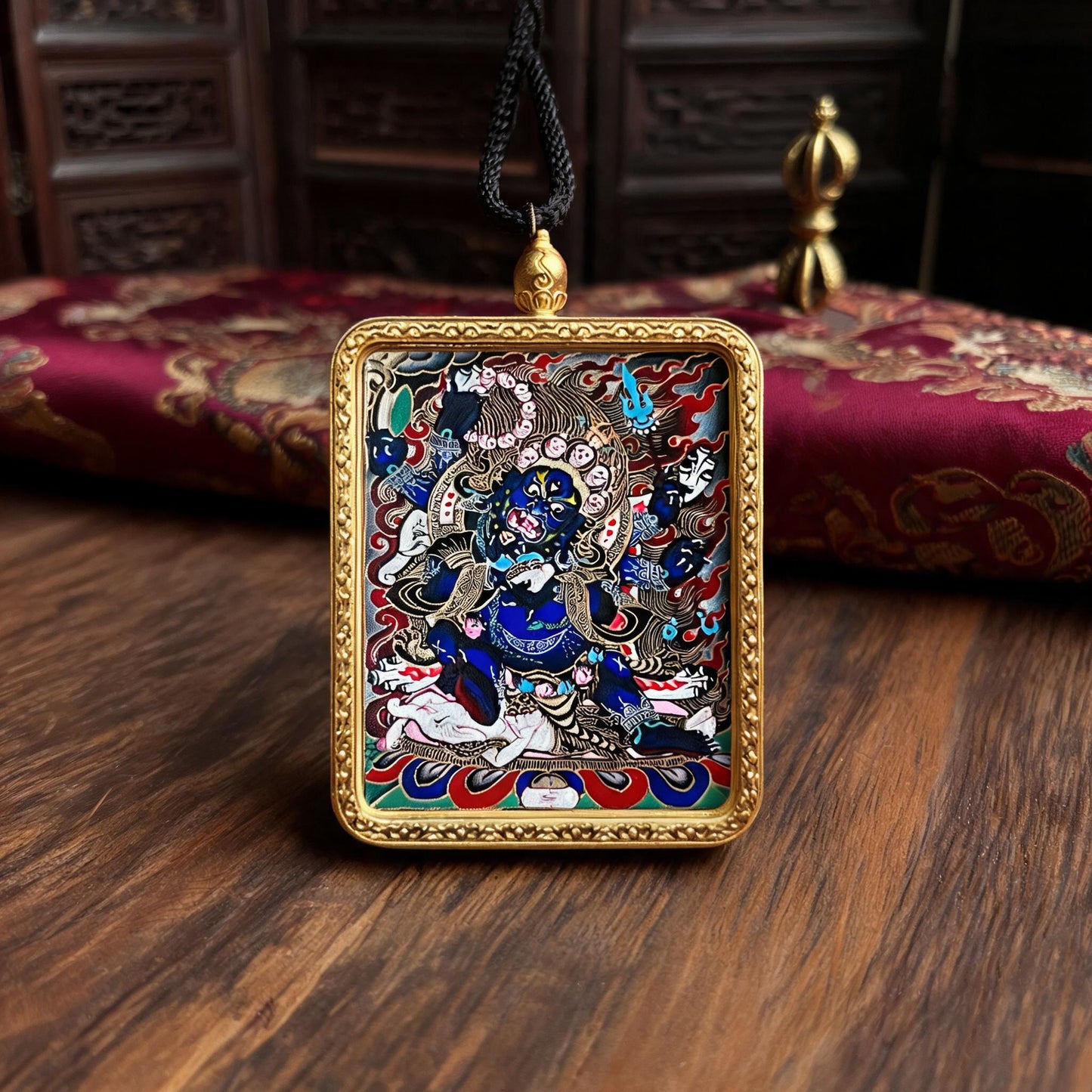 Six-Armed Mahakala hand-painted Thangka pendant front hero view