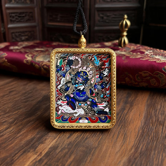 Six-Armed Mahakala hand-painted Thangka pendant front hero view