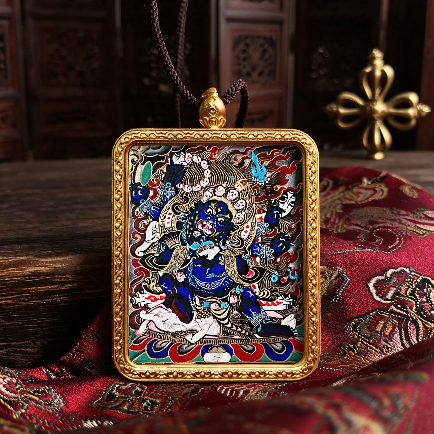 Six-Armed Mahakala hand-painted Thangka pendant hand-painted macro detail