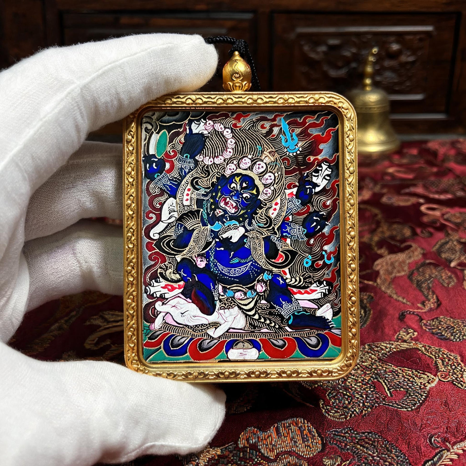 Six-Armed Mahakala hand-painted Thangka pendant white-glove collector inspection