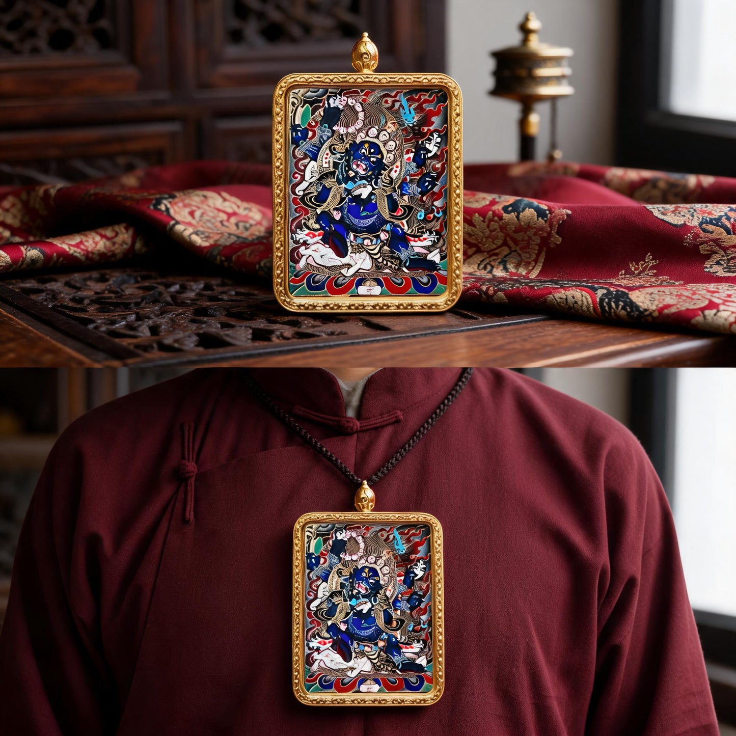 Six-Armed Mahakala hand-painted Thangka pendant proportional wearing view