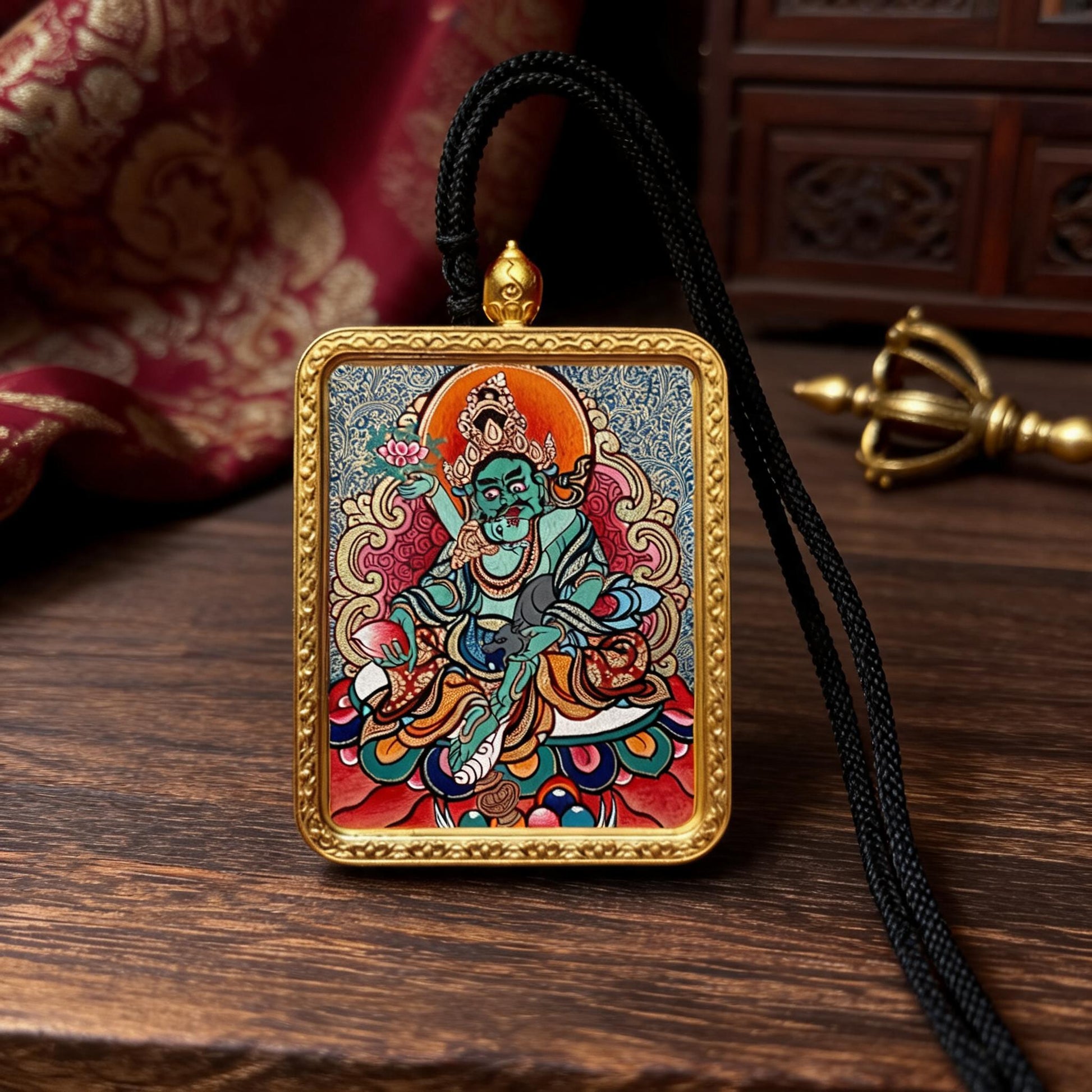 Green Jambhala hand-painted Thangka pendant front hero view