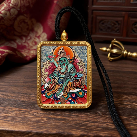 Green Jambhala hand-painted Thangka pendant front hero view