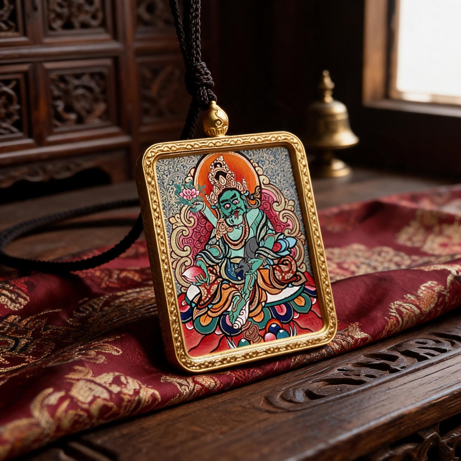 Green Jambhala hand-painted Thangka pendant three-quarter side view
