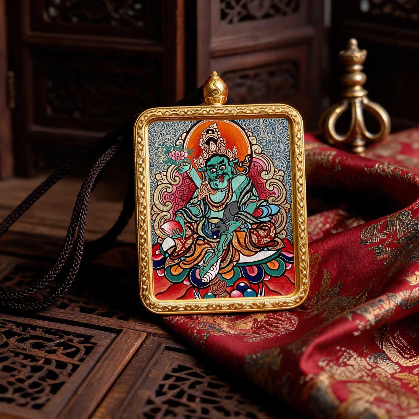 Green Jambhala hand-painted Thangka pendant hand-painted macro detail