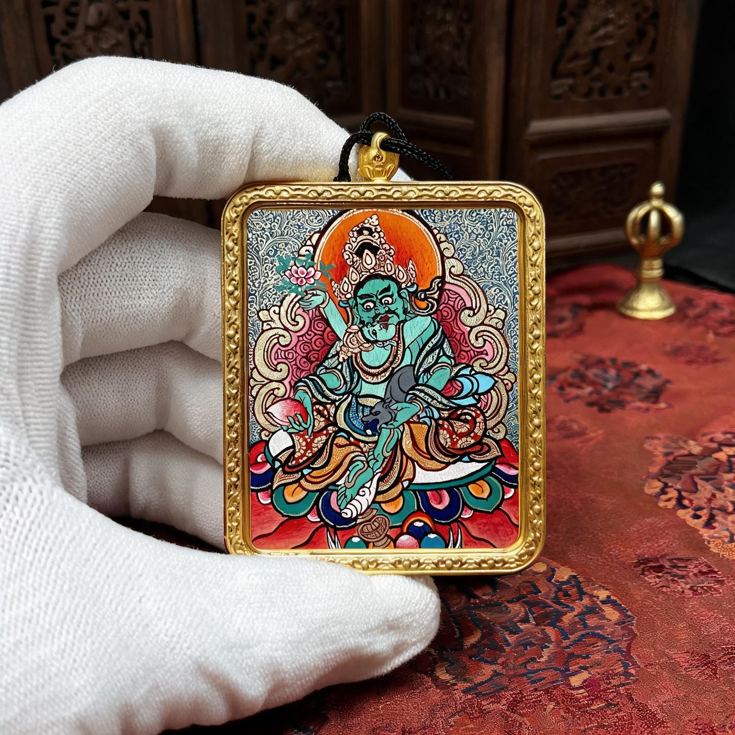 Green Jambhala hand-painted Thangka pendant white-glove collector inspection