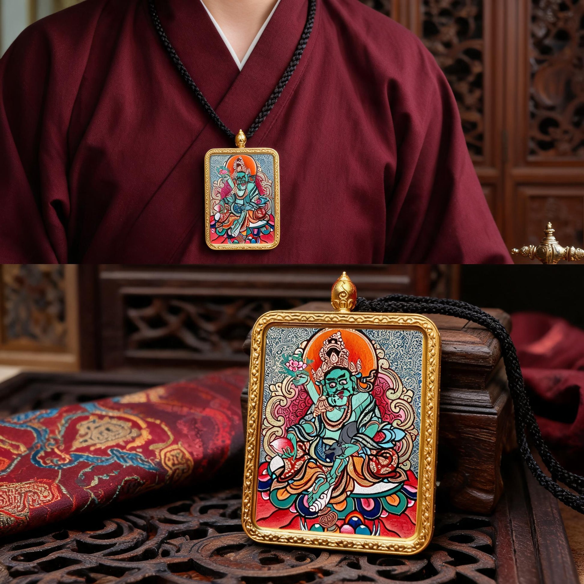 Green Jambhala hand-painted Thangka pendant proportional wearing view