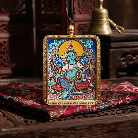 Green Tara hand-painted Thangka pendant front hero view