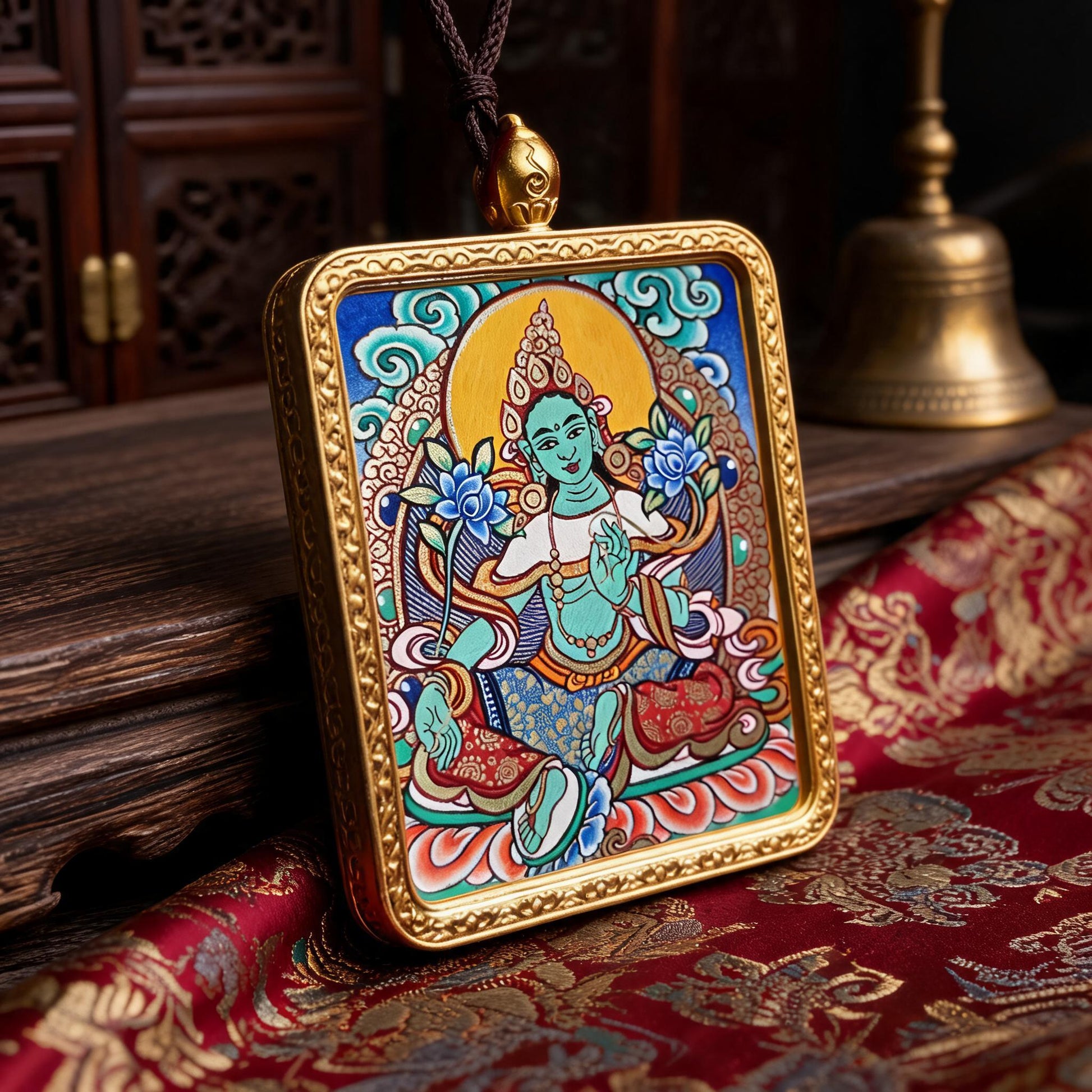 Green Tara hand-painted Thangka pendant three-quarter side view