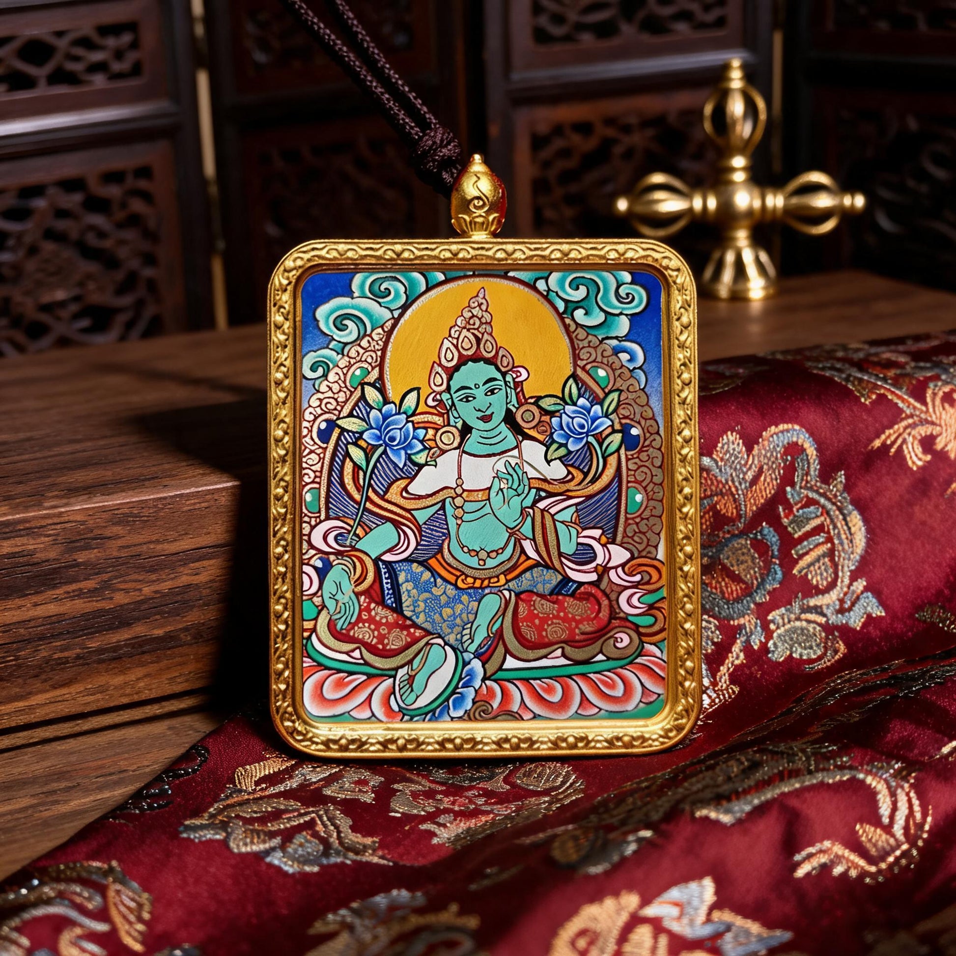 Green Tara hand-painted Thangka pendant hand-painted macro detail