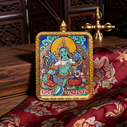 Green Tara hand-painted Thangka pendant hand-painted macro detail