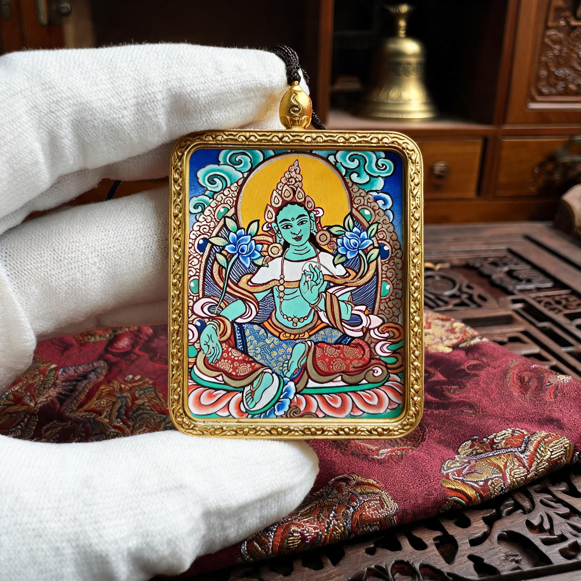 Green Tara hand-painted Thangka pendant white-glove collector inspection