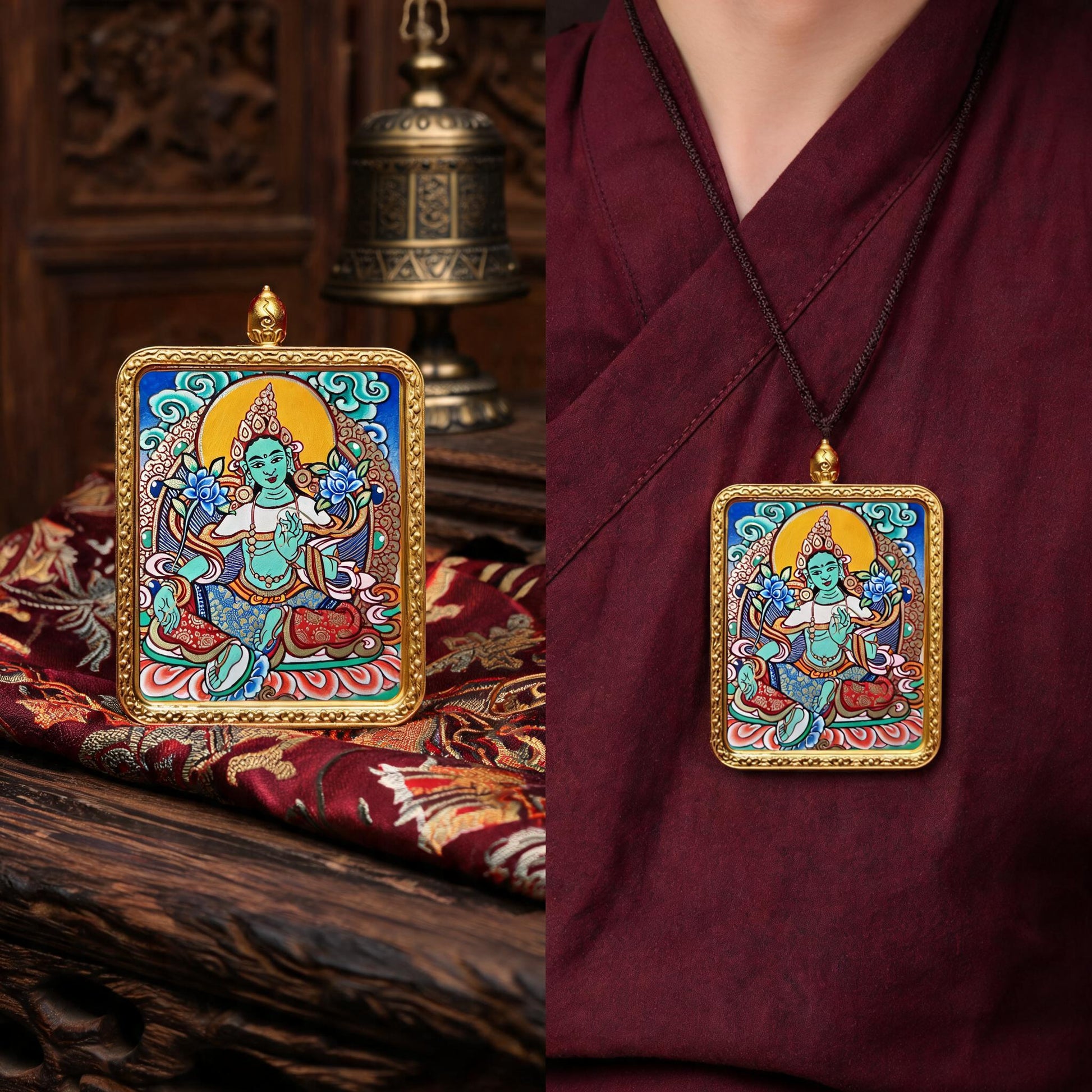 Green Tara hand-painted Thangka pendant proportional wearing view
