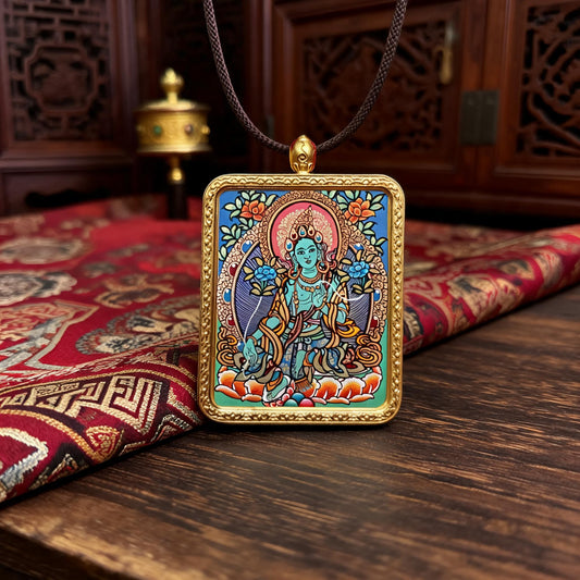 Green Tara hand-painted Thangka pendant front hero view
