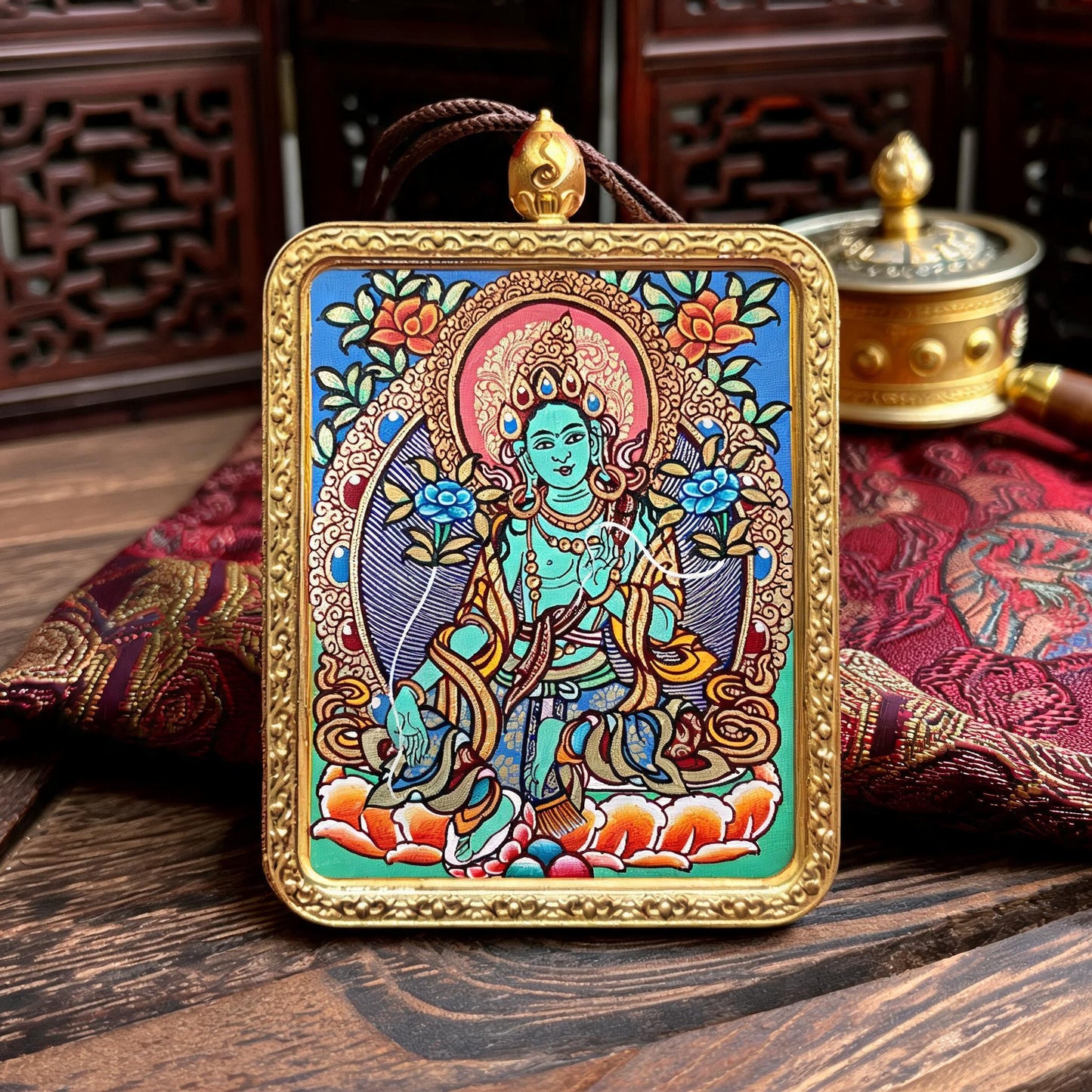 Green Tara hand-painted Thangka pendant hand-painted macro detail