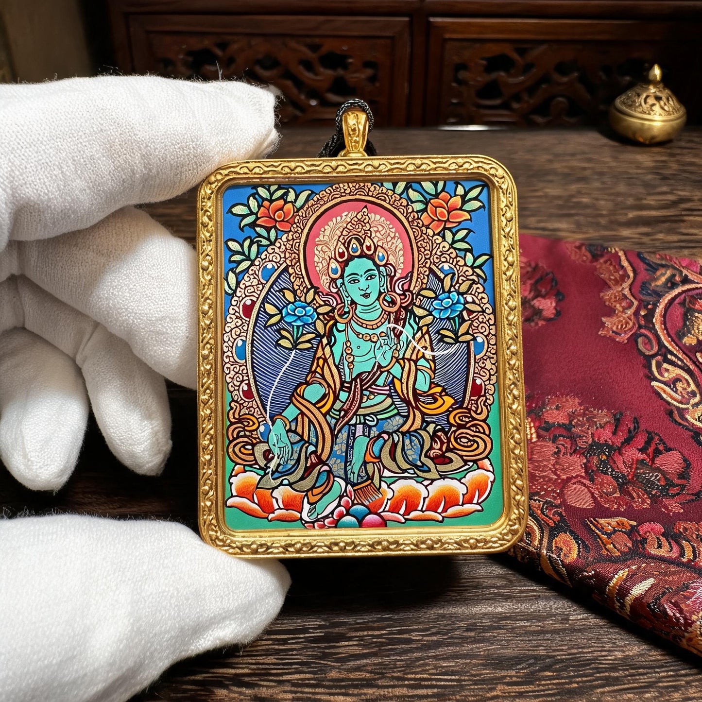Green Tara hand-painted Thangka pendant white-glove collector inspection